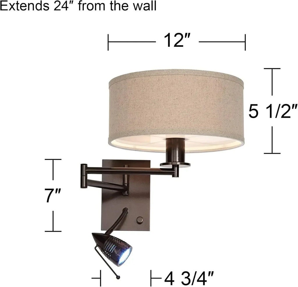 Radix Modern Swing Arm Adjustable Wall Lamp with Cord LED Bronze Plug-in Light Fixture Oatmeal Fabric Drum Shade Bedroom Bedside