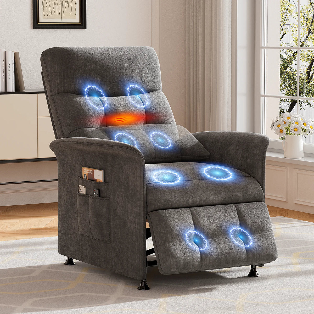 Power Recliner Chair with Heated and Massage, Adjustable Soft Fabric Reclining Chair for Adults, Theater Seating Single Sofa