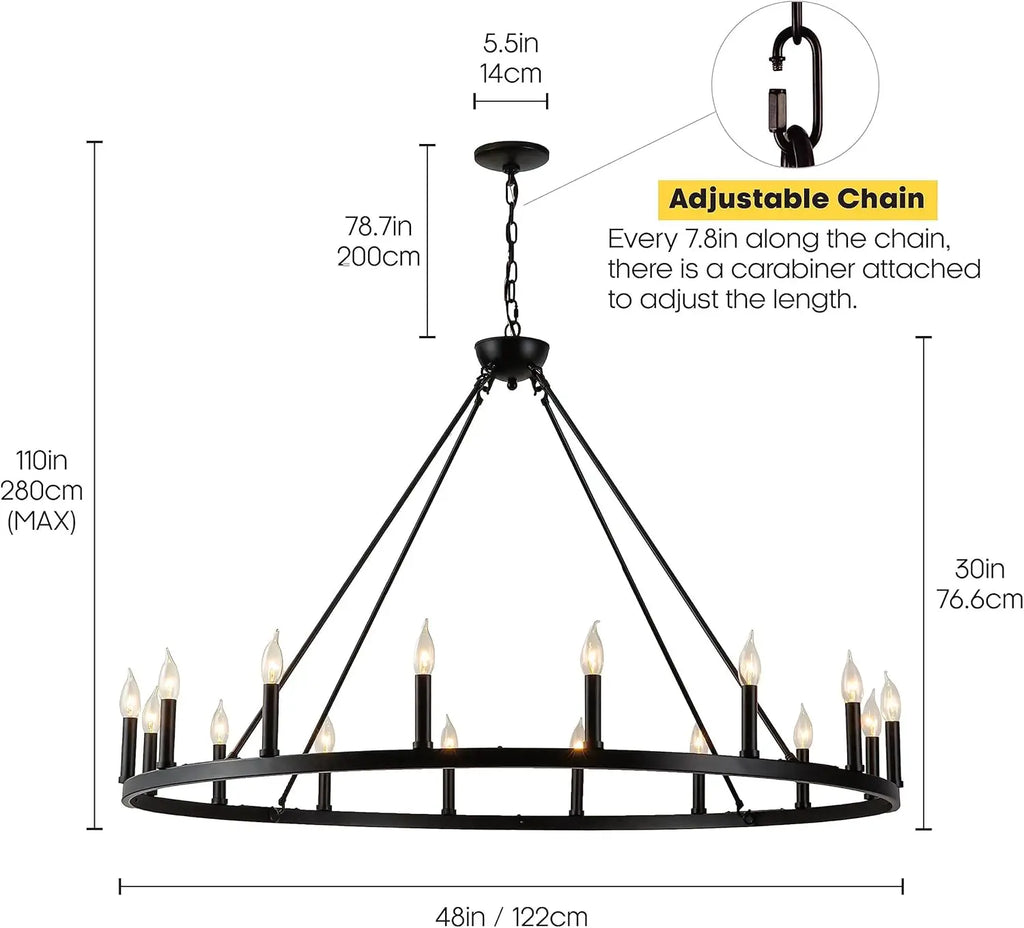 16-Light Black Wagon Wheel Chandelier Large Farmhouse Chandelier, Round Rustic Lighting, Farmhouse Light Fixture