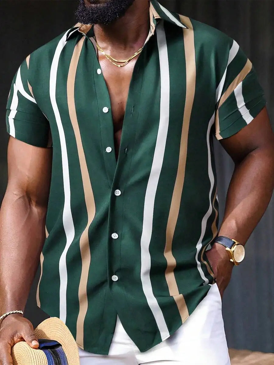 Men's Short Sleeve Button-Up Shirt with Vertical Stripe Print, Casual Vacation Style