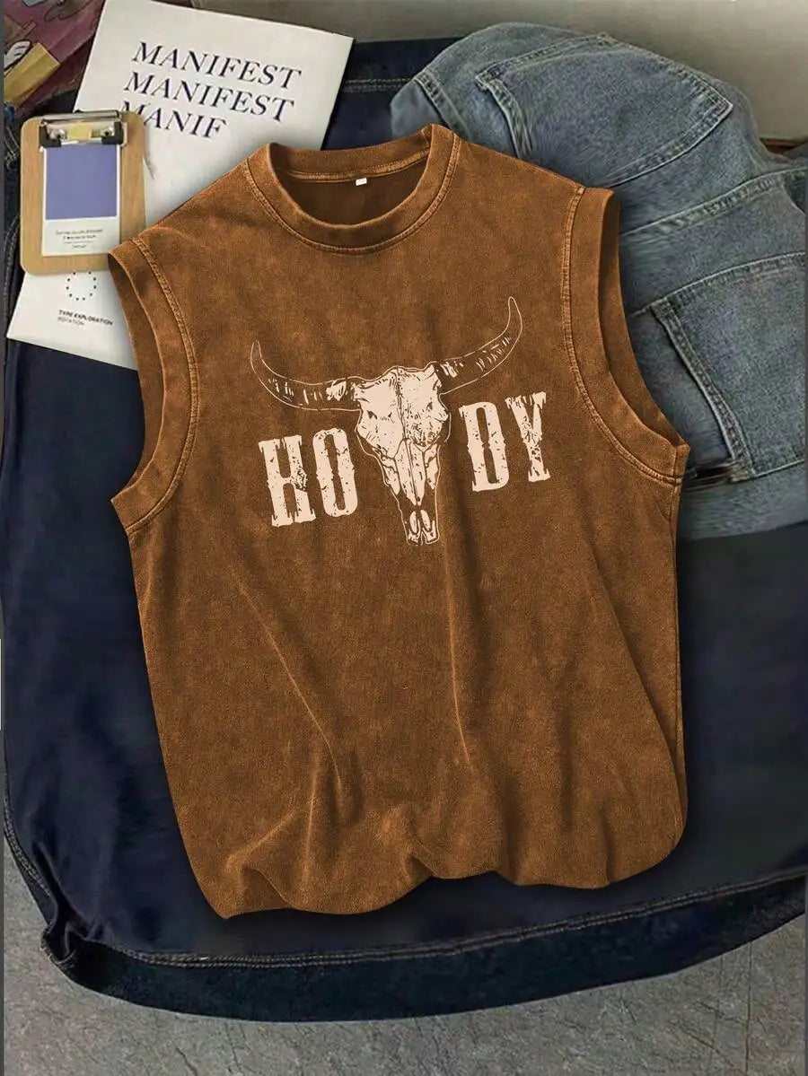 Men's Washed Vintage Sleeveless Tank Top with Distressed Bull Skull Graphic