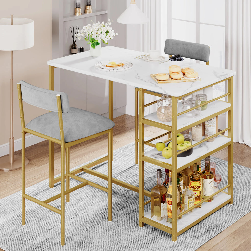 3 Pieces Dining Room Table Set for Small Space Apartment Counter Height Kitchen Table and Chairs Bar Stools Gold