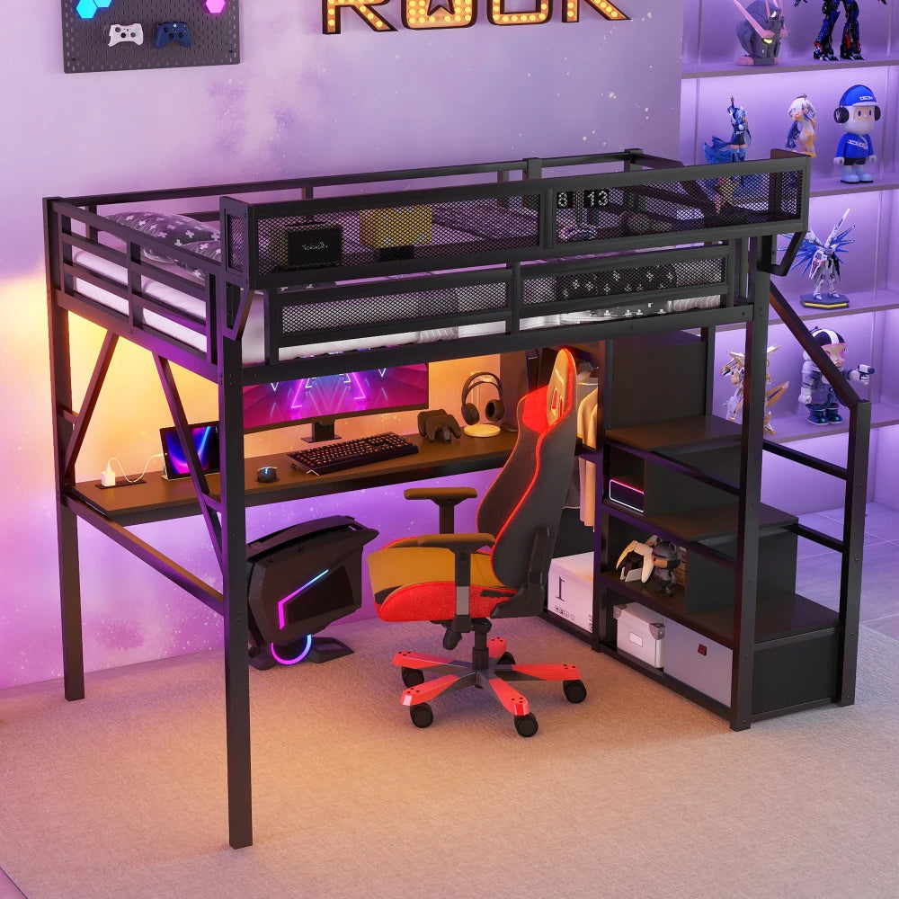 Queen Loft Bed with Desk and Charging Station, Queen Size Metal Loft Bed with Stairs and Light, Black