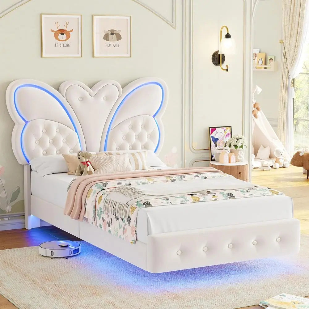 Modern Butterfly Upholstered Twin Bed Frame with LED Lights, Button Tufted Headboard, Footboard, Slats Support, No Box Spring Ne