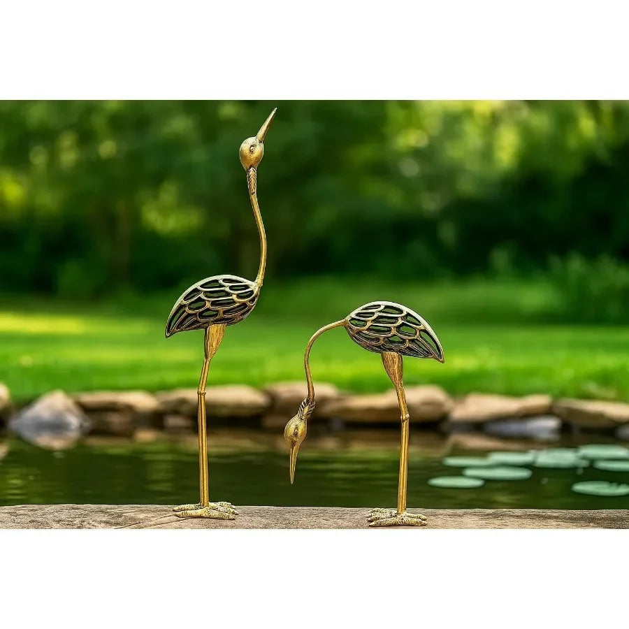Cast Iron Metal Crane/Heron Bird Garden Sculptures Statues for Indoor or Outdoor Lawn Decor Rustic Bronze Set of 2