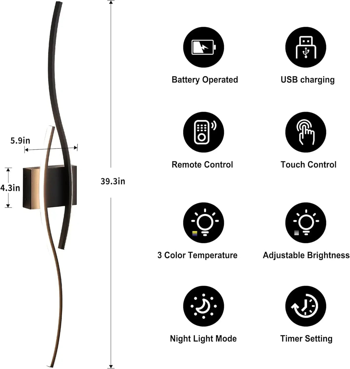 Battery Operated Wall Sconces Set of Two with Remote Control, Dimmable/3 Color/Night-Light/Timer/Memory, Black Modern Wireless L
