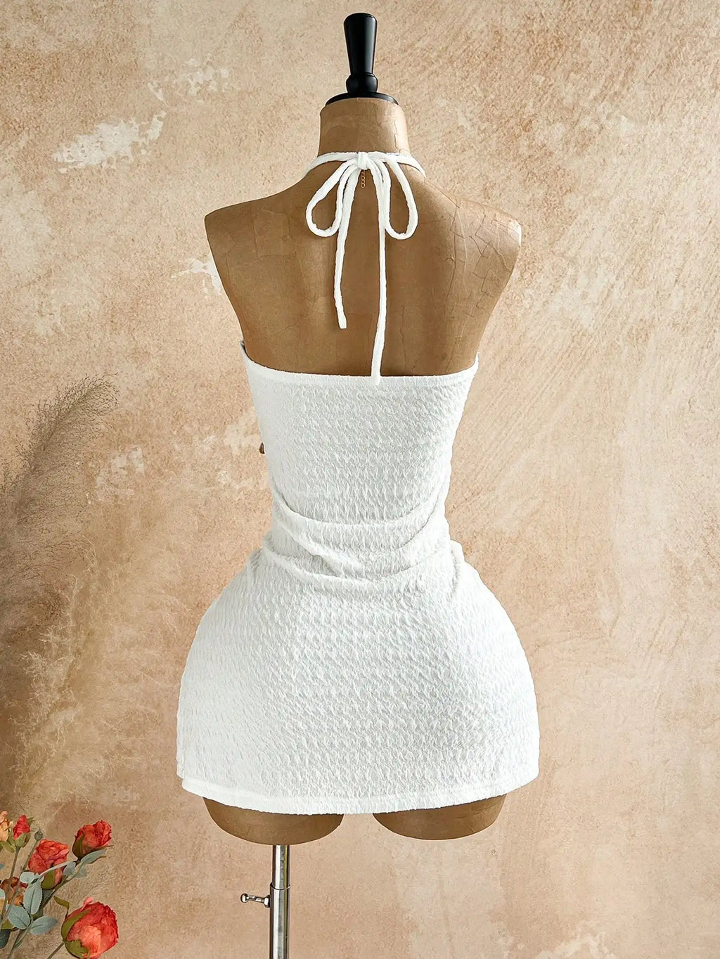 White Textured Halter Neck Mini Dress with Starfish Charms, Boho Beach Style