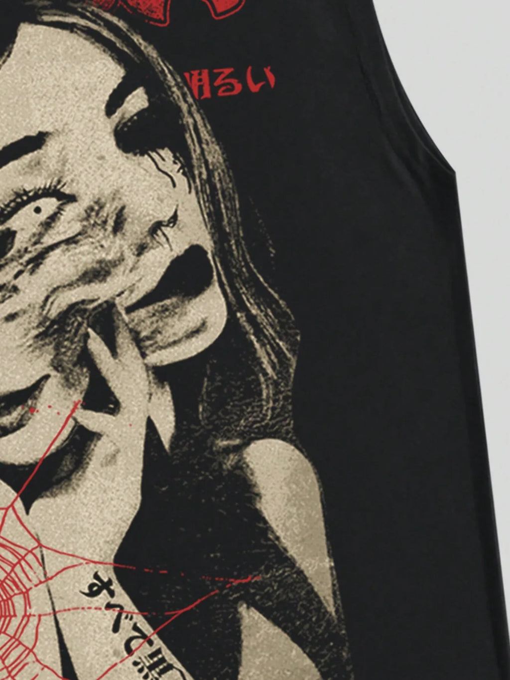 Black Sleeveless Graphic Tank Top with Distressed Horror-Inspired Print, Gothic Punk Style