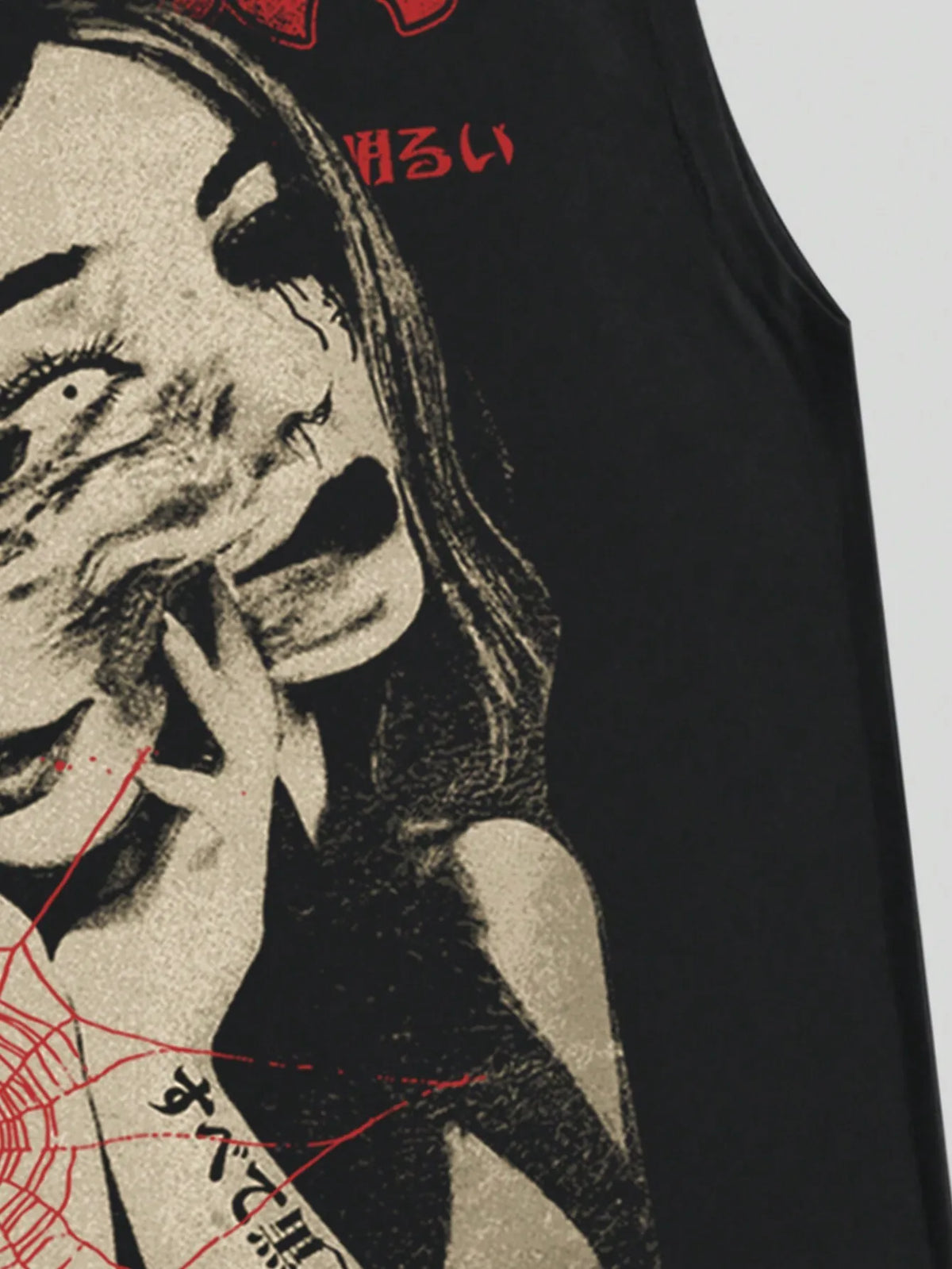 Black Sleeveless Graphic Tank Top with Distressed Horror-Inspired Print, Gothic Punk Style