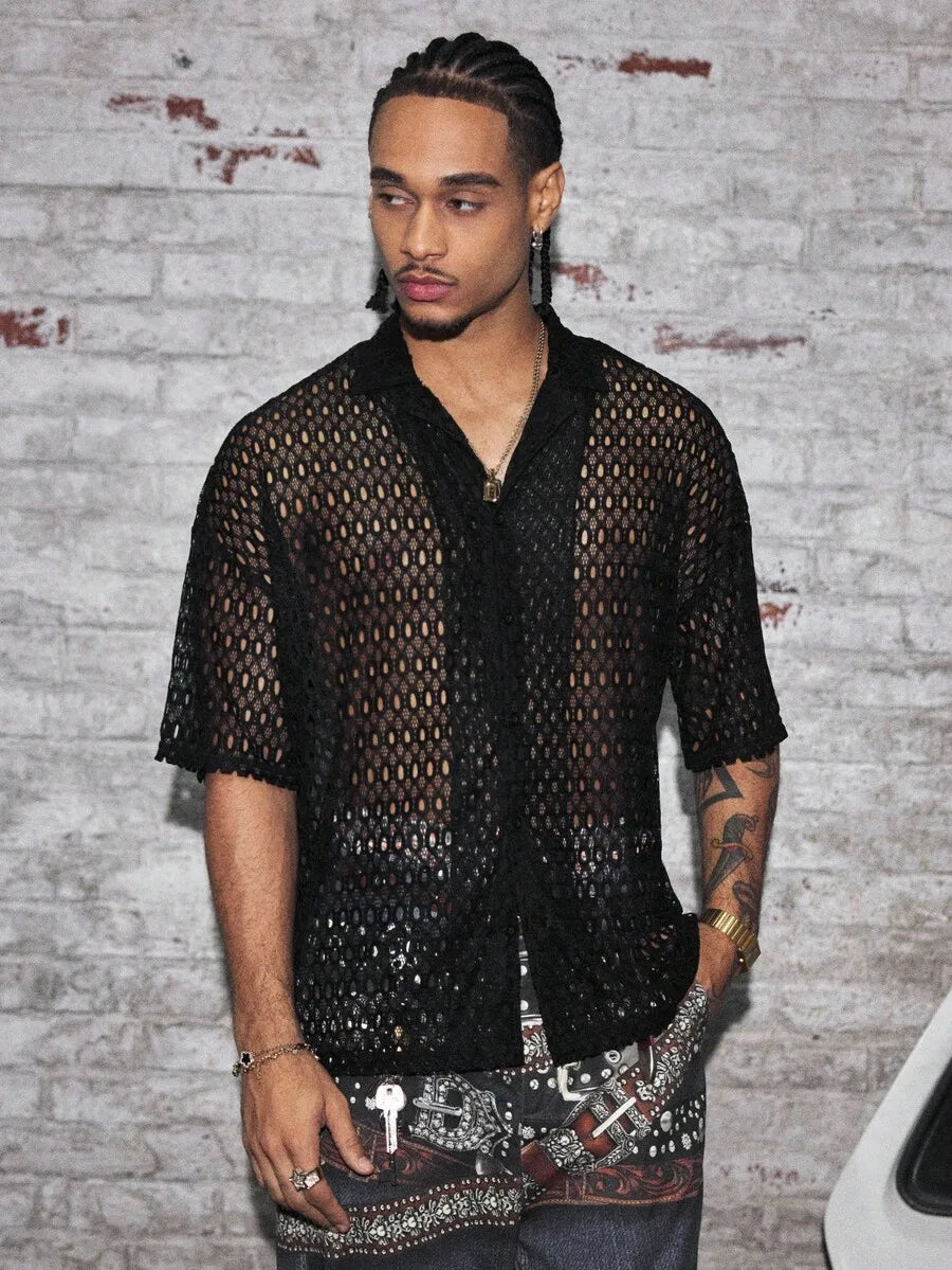 Men's Oversized Woven Short Sleeve Shirt with Graphic Print, Streetwear Style