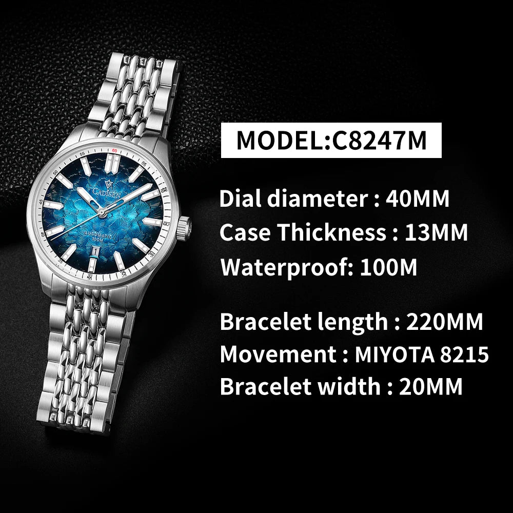 CADISEN NEW Automatic Mechanical Watch Man Silver Business Casual 10ATM Waterproof Japan MIYOTA 8215 Movement Men's Watches