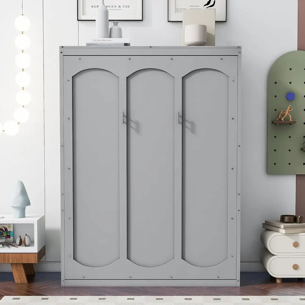 Space-Saving Murphy Wall Bed with Shelves, Grey, Ideal for Home and Office
