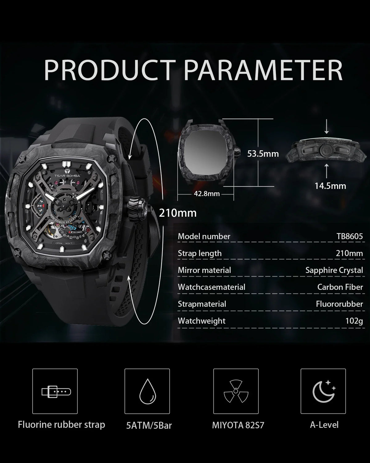 TSAR BOMBA Men's Luxury Mechanical Watch, Carbon Fiber Case, Luminous, 5ATM Waterproof, Viton Strap, Ideal Gift for Men