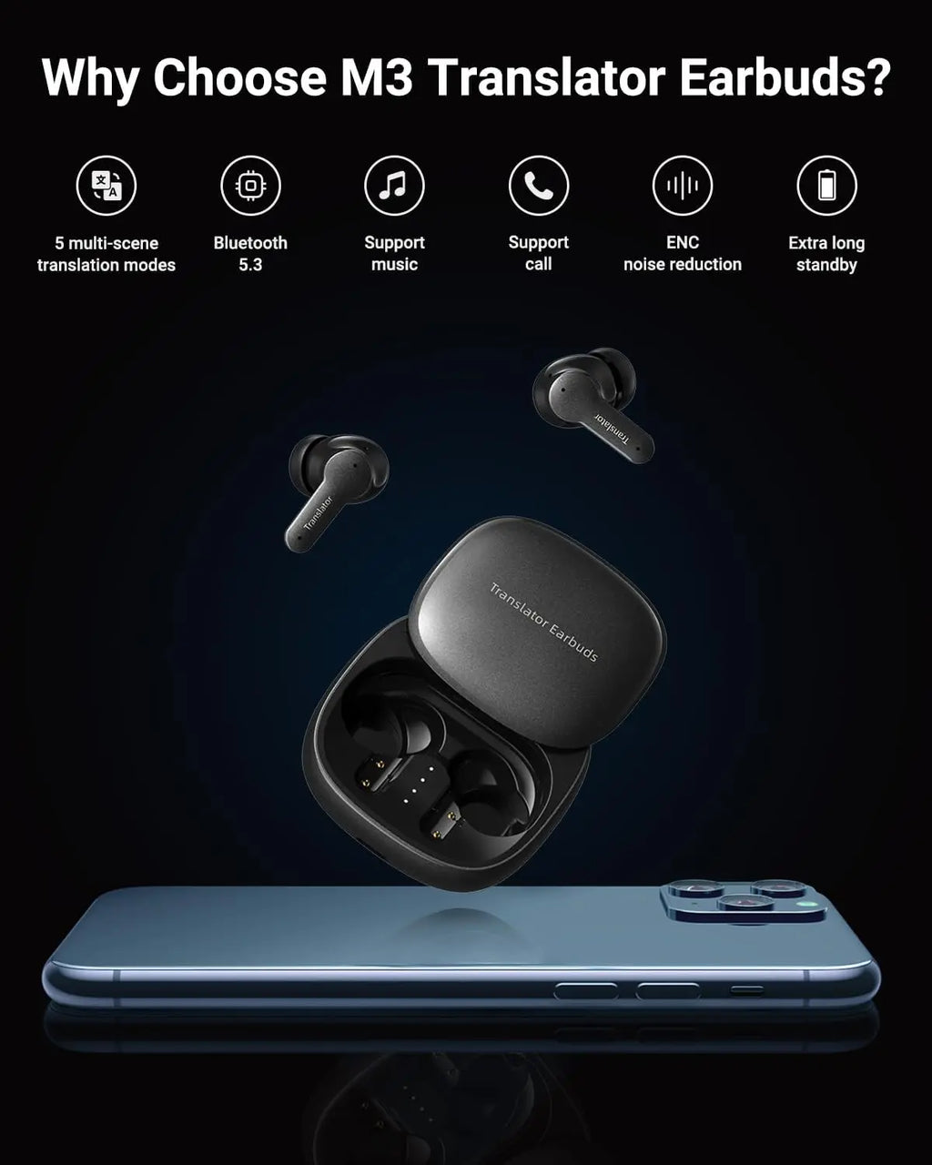 Real-Time AI Translation Earbuds, 144 Languages, 5 Modes for Travel Business Learning - Black