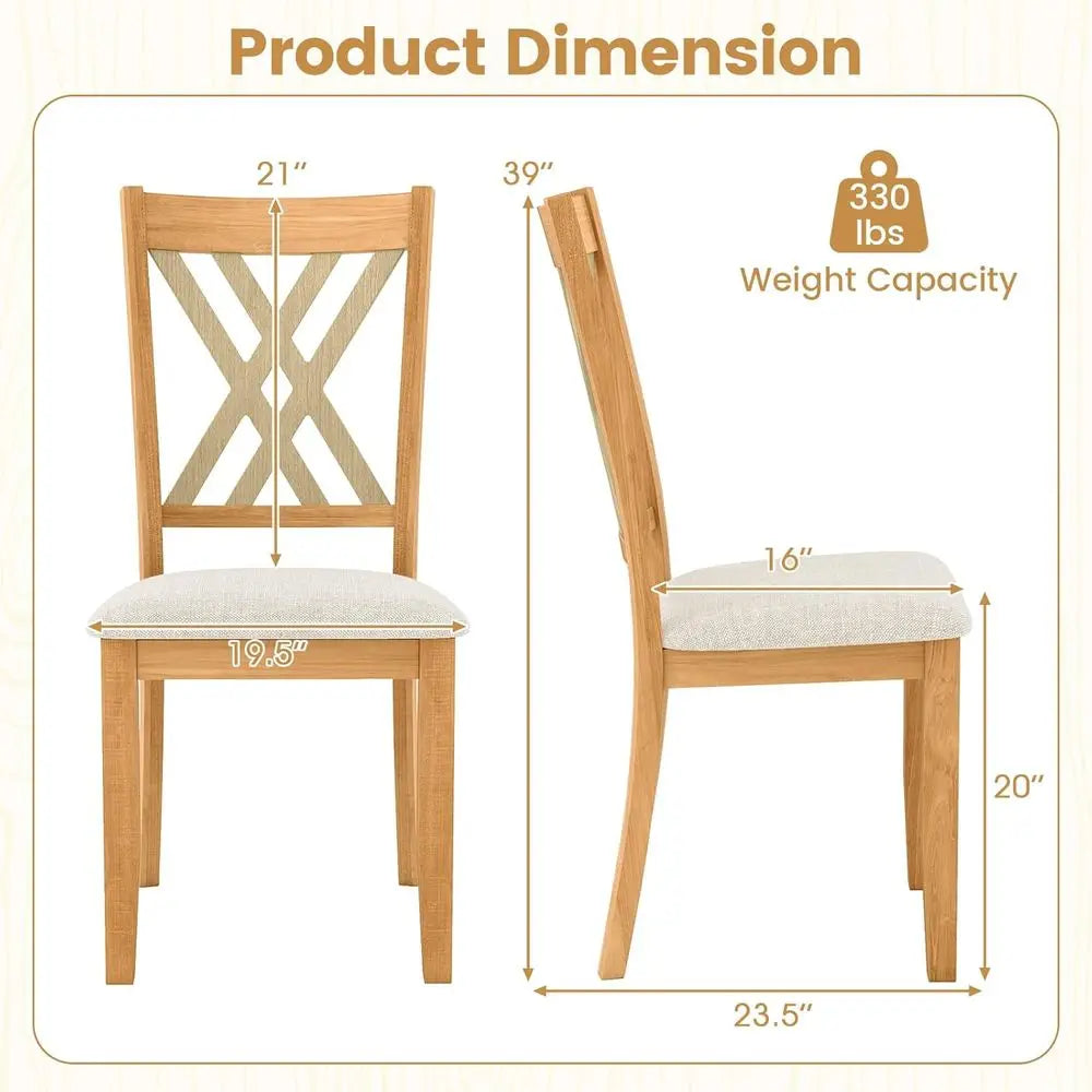 Set of 2 Wooden Dining Chairs with Fabric Padded Seats, High Back, Suitable for Home and Restaurant Use, Natural Finish