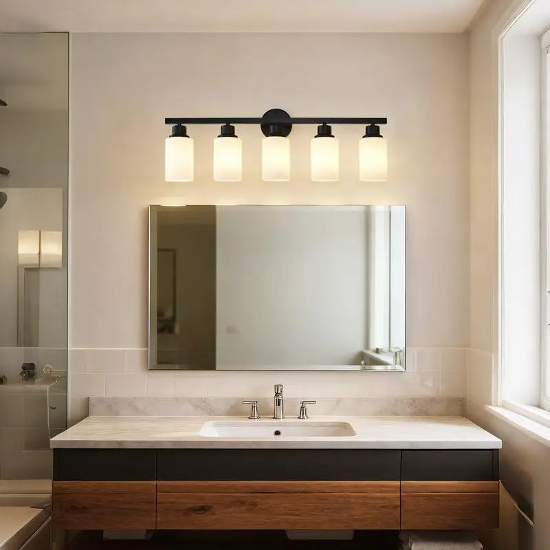 5-Light Matte Black Wall Sconces with White Glass Shades for Bedroom and Living Room Lighting