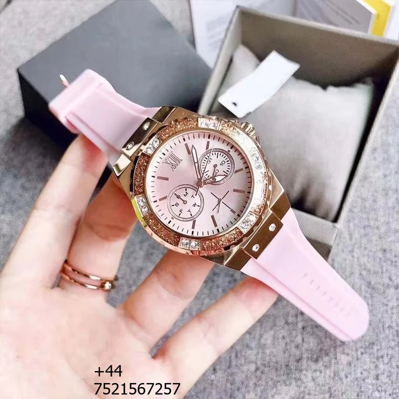 Luxury Quartz Watch Set Stainless Steel Case Silicone Strap Chronograph Diamond Dial Waterproof Couple Wristwatch Women