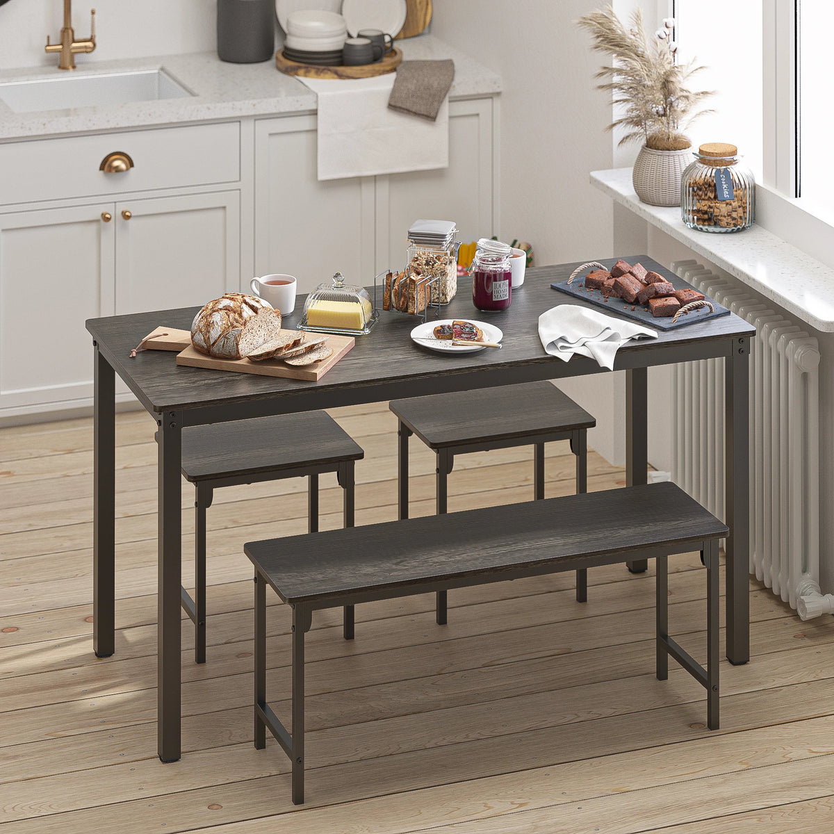 4-Piece Dining Table Set for 4, 55" Kitchen Table with Bench & 2 Stools, 4-Person Space-Saving Dinette for Kitchen, Dining Room