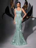 Shiny Sequin Beaded Backless Sleeveless Mermaid Evening Dress