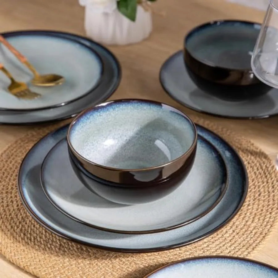 Ceramic Dinnerware Sets for 6 Stoneware Plates and Bowls Handmade Reactive Glaze Dishes Chip Resistant Scratch Resistant Oven D