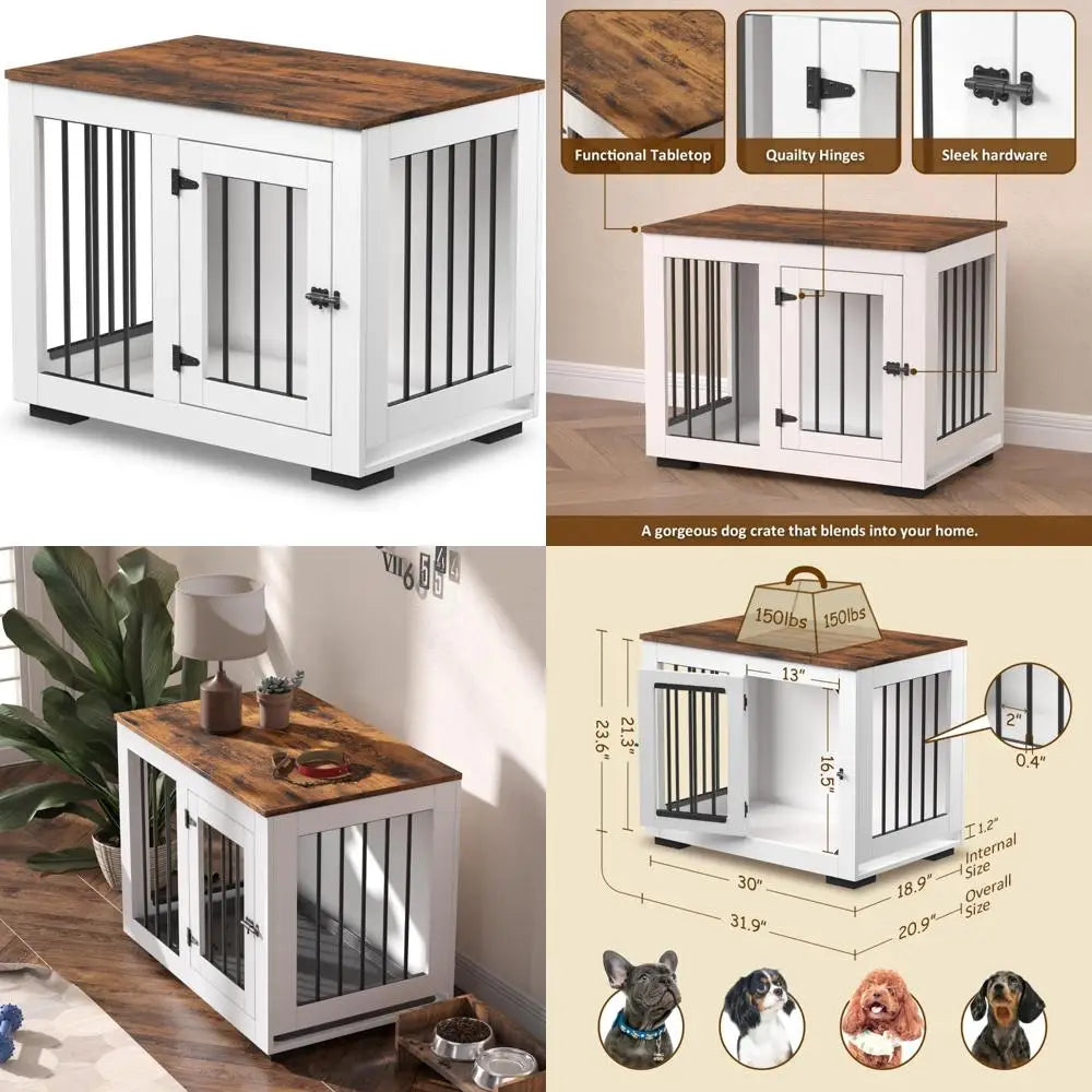 Medium Dog Crate with Farmhouse Table Top and Steel Bars for Puppies up to 40 lbs - Decorative Kennel Furniture for Home