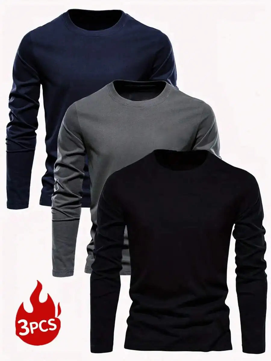 3-Pack Men's Solid Color Round Neck Slim Fit Long Sleeve T-Shirts for Casual Daily Wear