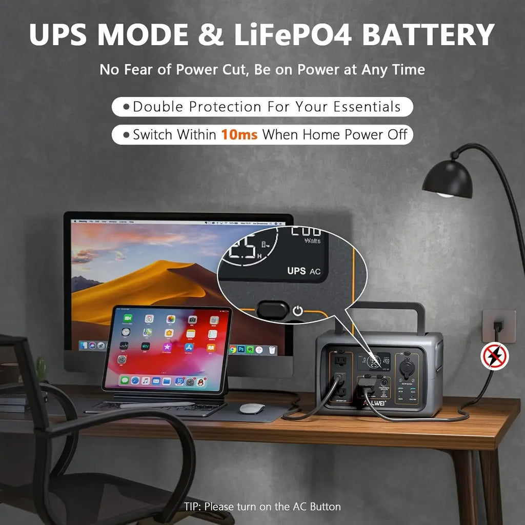 Portable Power Station 500W(Surge 1000W), 512Wh LiFePO4 Battery, Solar Generator Fast Charge, UPS Mode, 3 110V AC Outlets