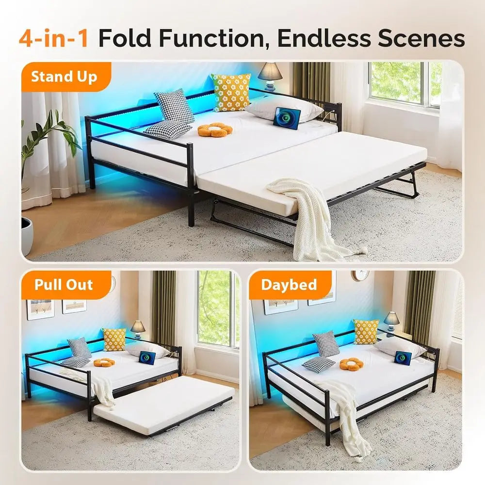 Metal Daybed with Up Trundle Bed Twin, Sofa Daybed with Charging Station, LED Lights, Heavy Duty Steel Slats, Pull Out Trundle,