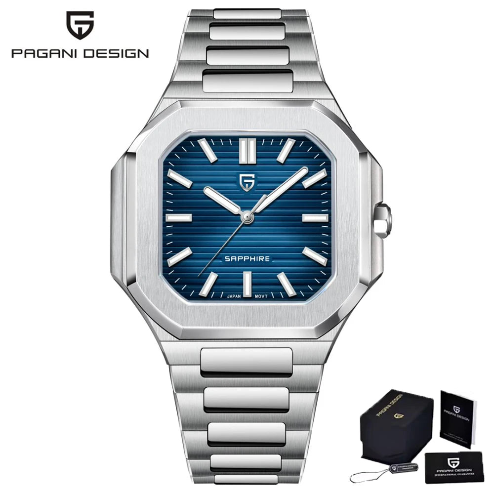 PAGANI DESIGN Top Brand Square Simple and stylish Sapphire crystal Luxury Quartz Watch Men Stainless steel Watches for Men Gift