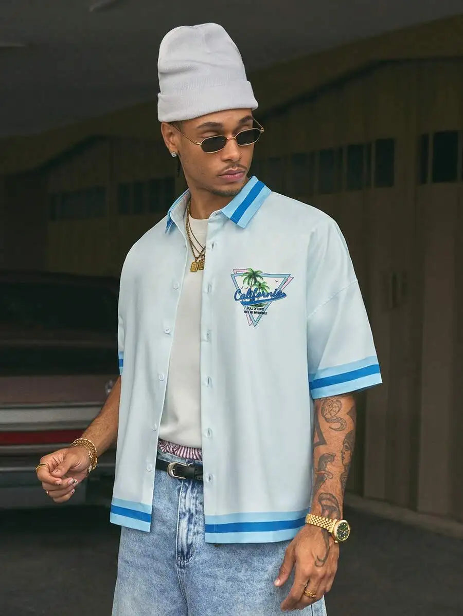 Men's Oversized Woven Short Sleeve Shirt with Graphic Print, Streetwear Style