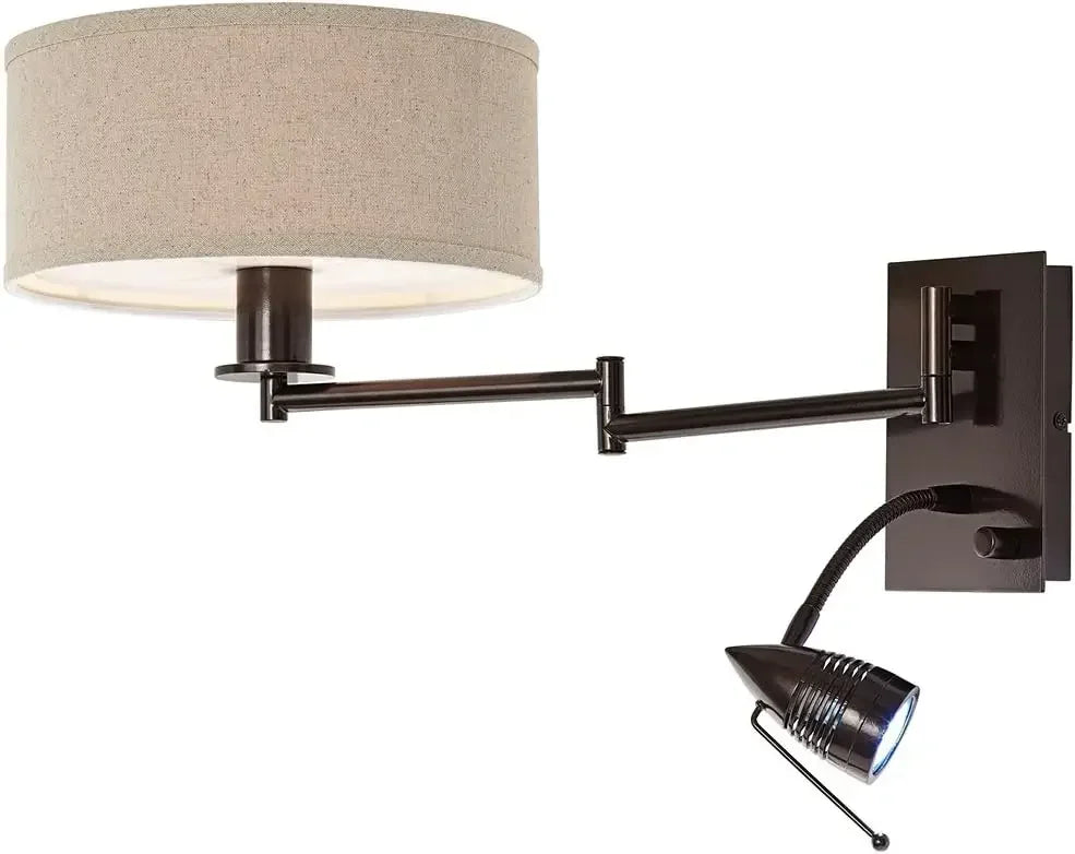 Radix Modern Swing Arm Adjustable Wall Lamp with Cord LED Bronze Plug-in Light Fixture Oatmeal Fabric Drum Shade Bedroom Bedside