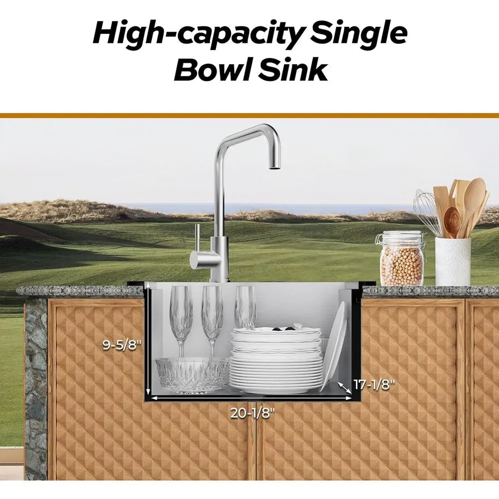21 x 18 Drop-In Stainless Steel Single Bowl Kitchen Sink with Dust Lid, Cutting Board, and Faucet for Bar, RV, and Outdoor Use