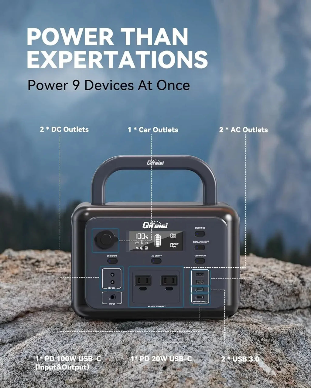Portable Power Station,518Wh LiFePO4 Battery Solar Generator with 110V/500W Dual AC Outlets,PD 100W Output/Input,Fast Recharging