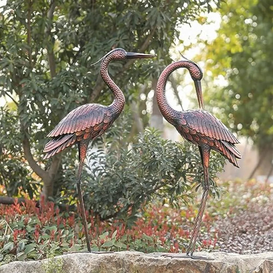Large Size Vintage Brass Heron Garden Sculptures Statues Metal Yard Art Standing Outdoor Decorations 37 Inch Set of 2