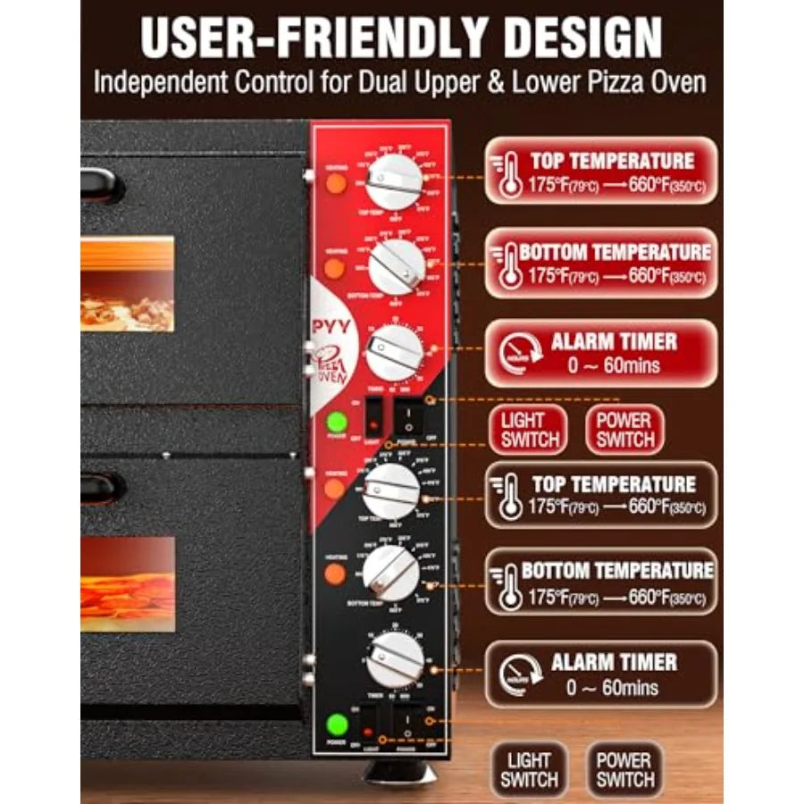 Indoor 16in Double Decker Electric Pizza Oven Countertop with Pizza Stone 60-Min Ring Timer 3200W ETL Listed Black for Home and