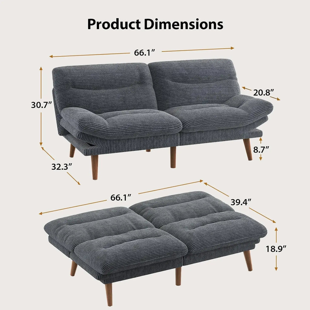 66in Corduroy Convertible Futon Sofa Bed Adjustable Backrest Armrests 3in1 Sleeper Small Space Living Office Grey Customized