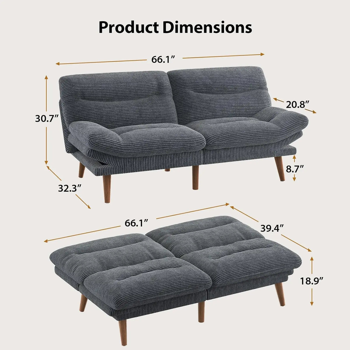 66in Corduroy Convertible Futon Sofa Bed Adjustable Backrest Armrests 3in1 Sleeper Small Space Living Office Grey Customized