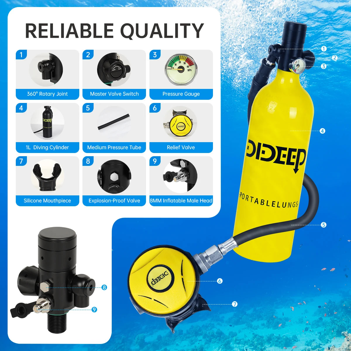DIDEEP 1Liter Mini Scuba Diving Tank Set, 15-20Mins Underwater Diving Cylinder with Hand Pump，Portable Lungs Gear with 3000 PSI