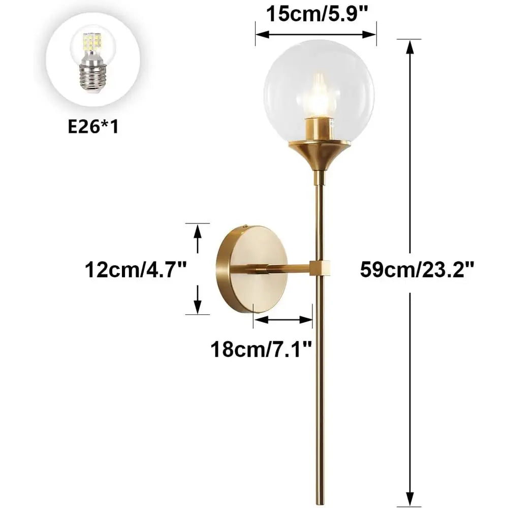 Modern Brass Gold Wall Sconce Set, 2-Piece Clear Bubble Glass Globe Lights, Mid-Century Style Bathroom Mirror Wall Lamp Set