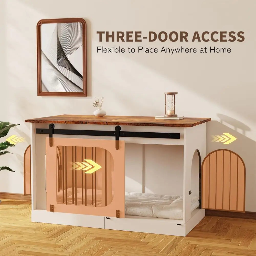 Farmhouse Style Wooden Dog Crate with Cushion, 39.4 Decorative White Indoor Pet House, Suitable for Small to Large Dogs
