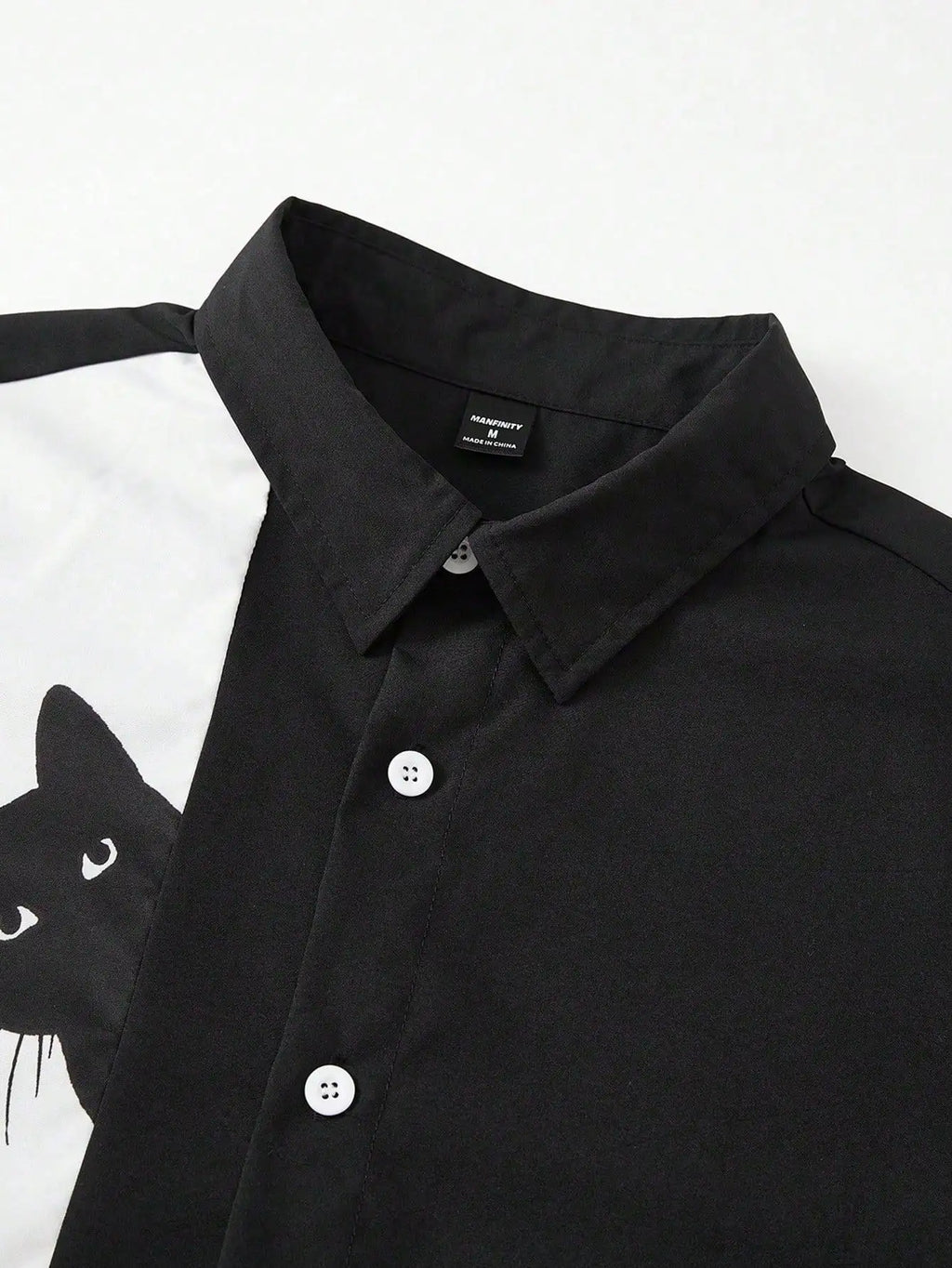 Men's Black Short Sleeve Button-Up Shirt with Cat Graphic Print