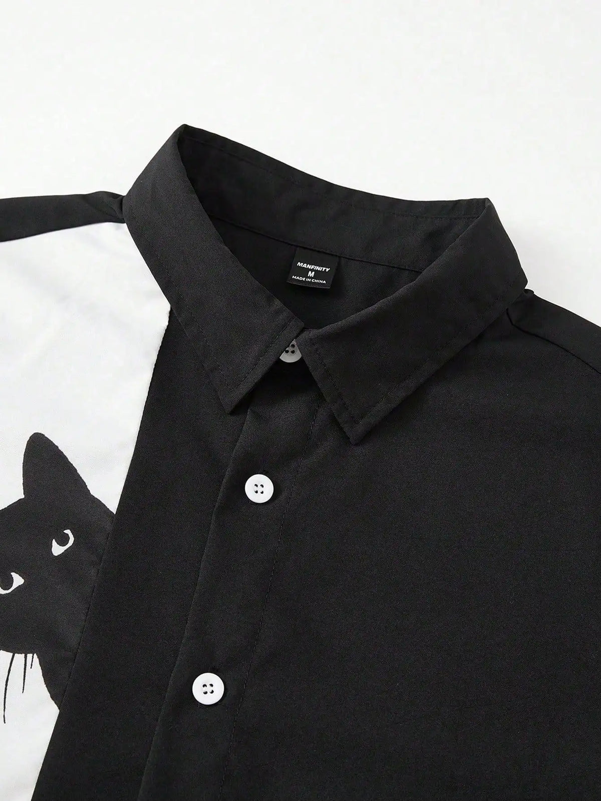 Men's Black Short Sleeve Button-Up Shirt with Cat Graphic Print