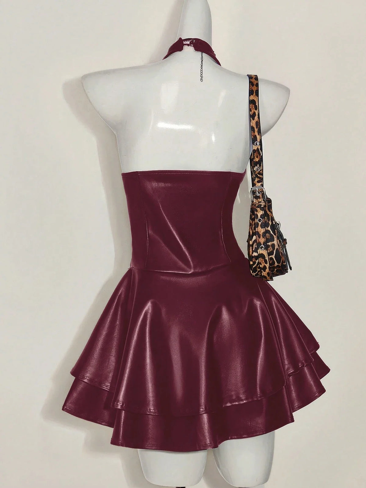 Y2K Fashion Gyaru Club Party Rave Outfit Halter Mini Dress PU Leather Cross Strap