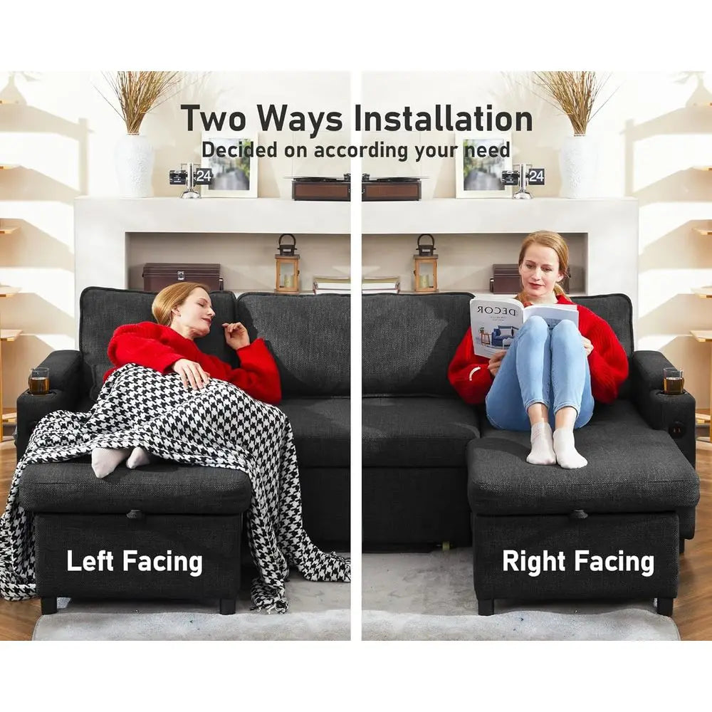 2-in-1 Sectional Sleeper Sofa with Storage, USB, Cup Holder, Pull-Out Couch in Gray