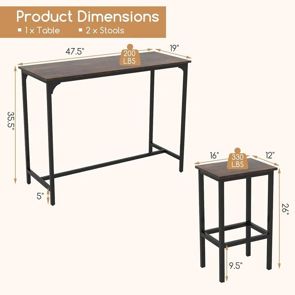 Industrial 47.5 Counter-Height Dining Set with 2 Bar Stools for Kitchen or Breakfast Nook