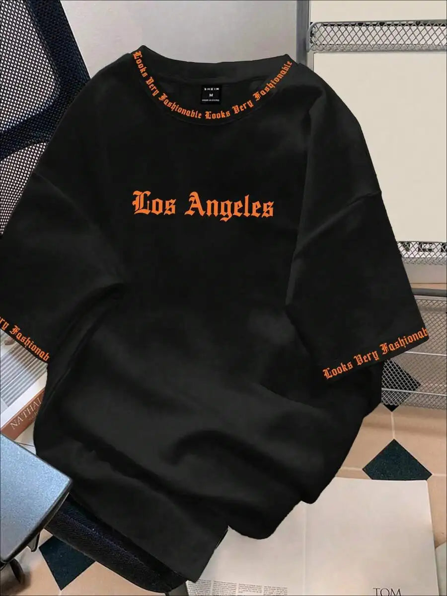 Black Oversized Graphic Print Crew Neck T-Shirt with Gothic Font Design