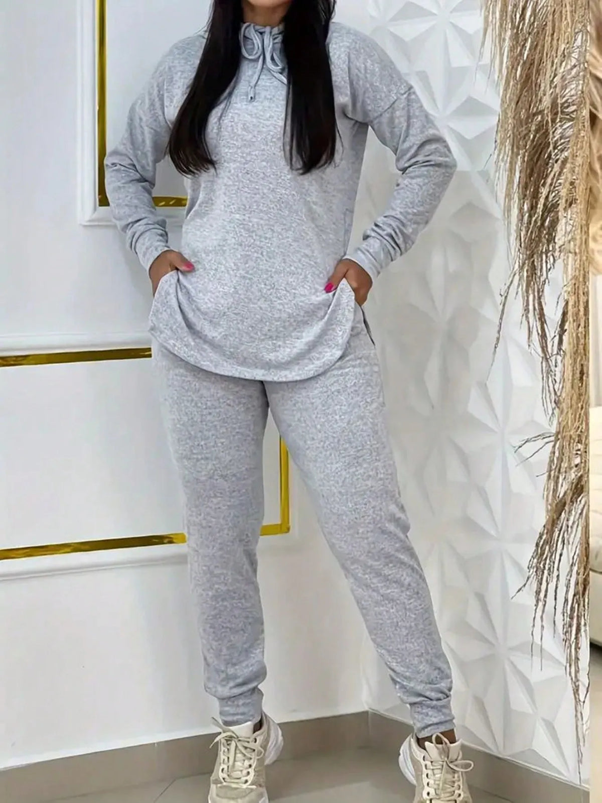 Gray 2-Piece Hooded Lounge Set with Drawstring Waist, Loose Fit Long Sleeve Top & Joggers