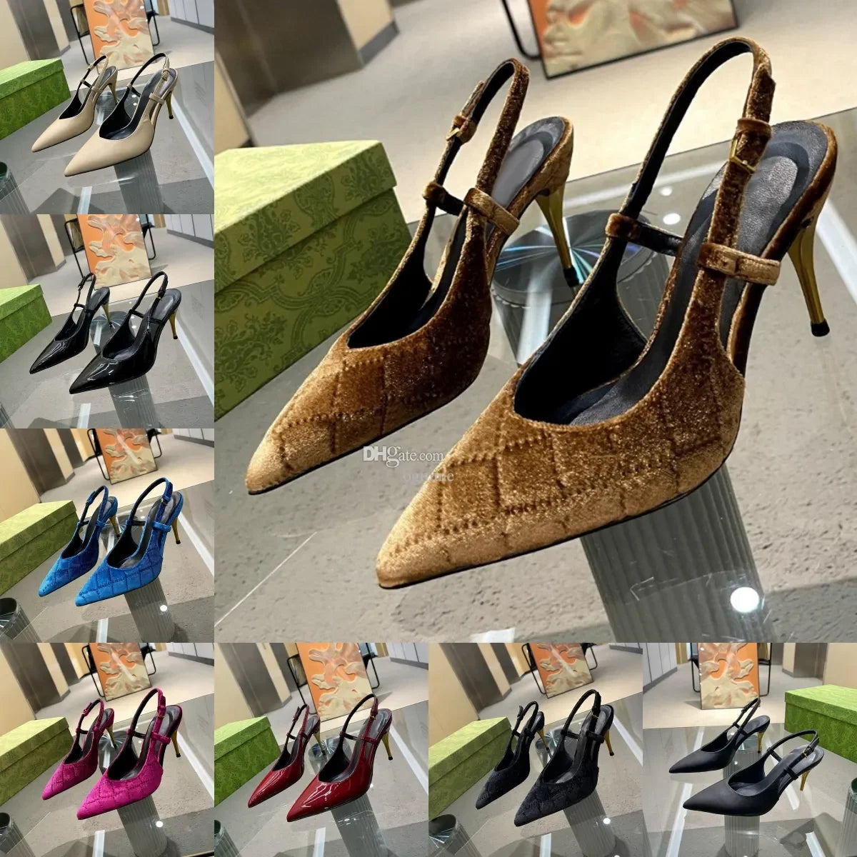 slingback pump classic 90s shoes designer velvet canvas Leather Sandals Square toe Square Heels Aria Strap Women High Heels Wome