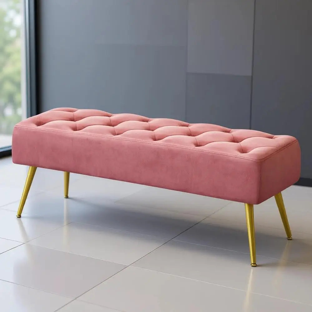45 Upholstered Button-Tufted Ottoman Bench, Metal Legs, Suitable for End of Bed or Living Room, Pink Velvet Fabric