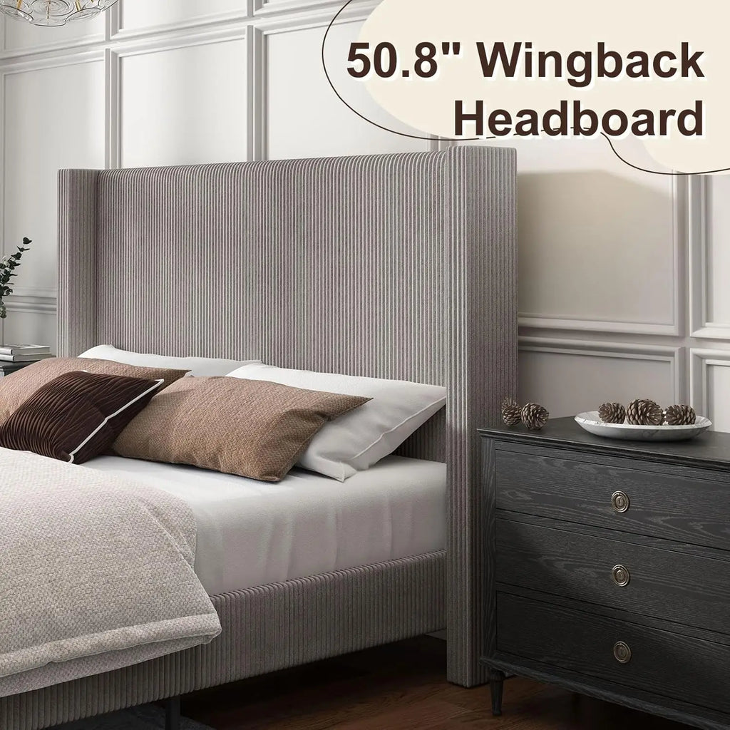 King Size Upholstered Platform Bed Frame, Wingback Bed With 50.8" Headboard, Corduroy/Solid Wood Leg/No, Customized